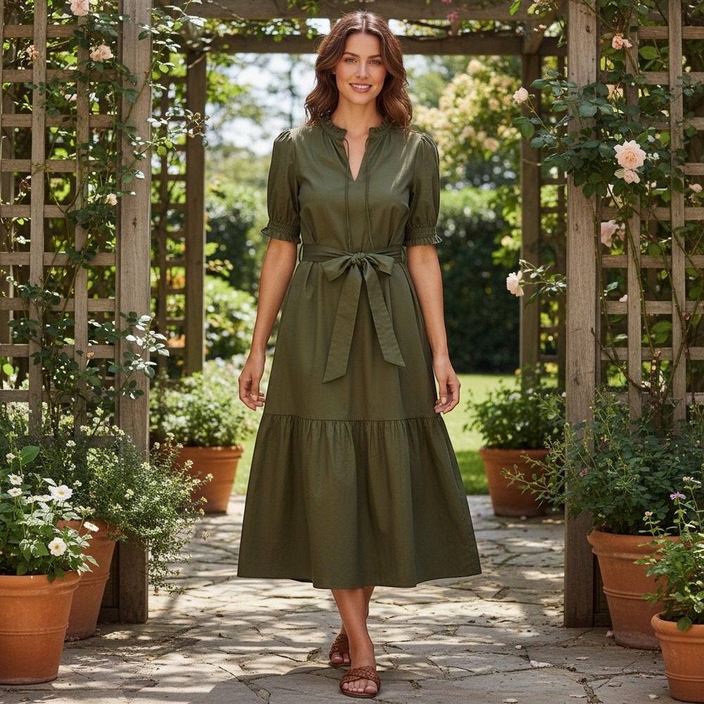 Free Assembly Women Olive Green Cotton Tiered Midi Dress FAWWD00326FA23 Size S
